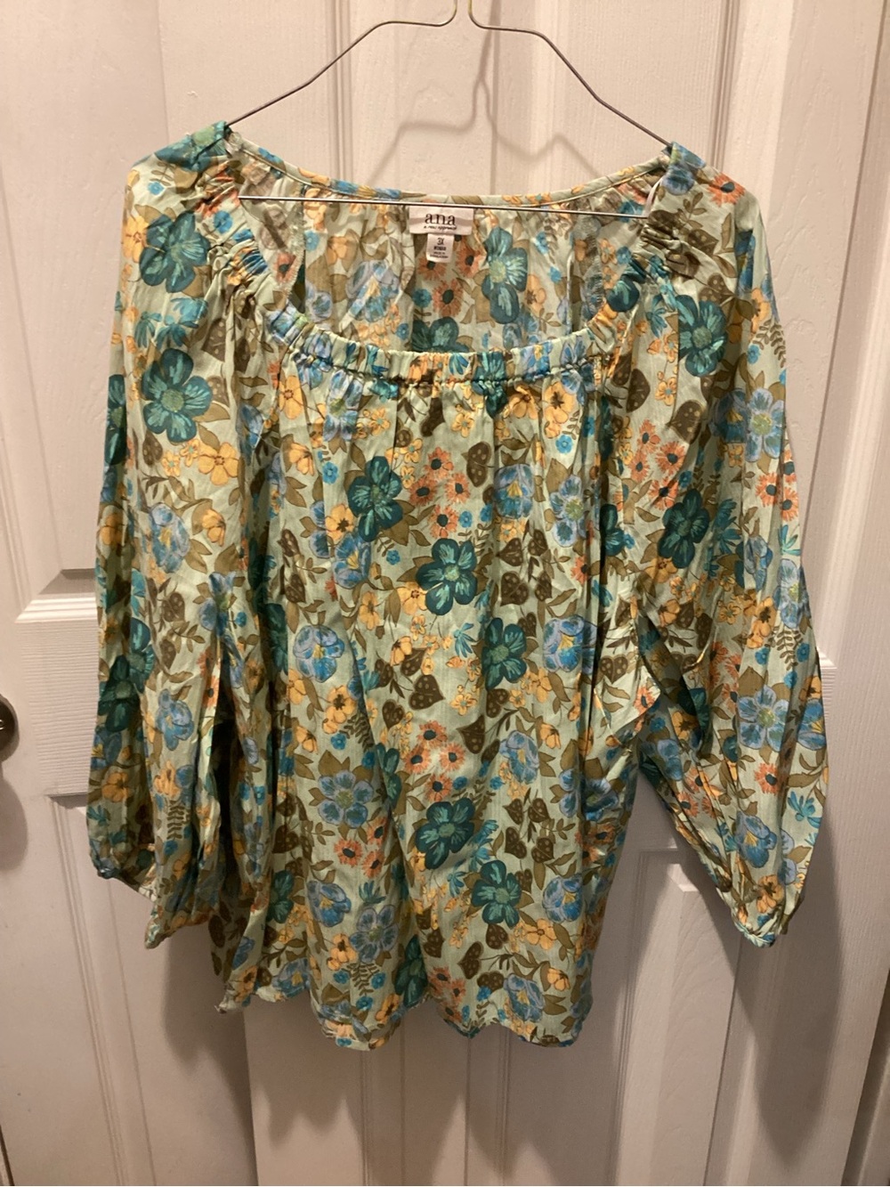 a.n.a Mint Floral Scoop-Neck Blouse with Blue & Yellow Flowers